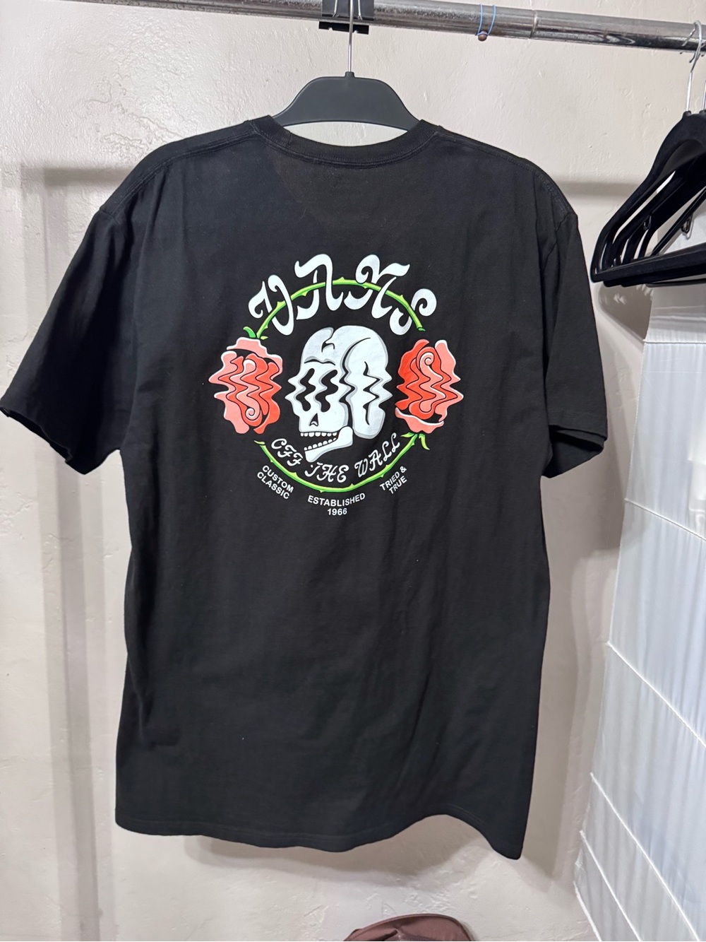 Vans Black Tee with Dual Skull and Rose Back Graphic
